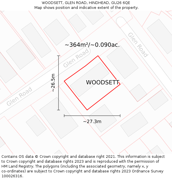 WOODSETT, GLEN ROAD, HINDHEAD, GU26 6QE: Plot and title map