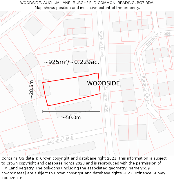 WOODSIDE, AUCLUM LANE, BURGHFIELD COMMON, READING, RG7 3DA: Plot and title map