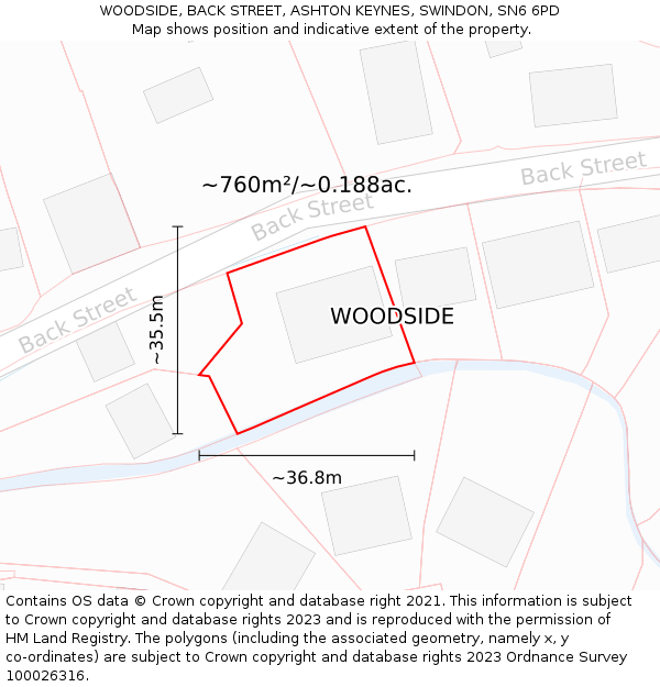 WOODSIDE, BACK STREET, ASHTON KEYNES, SWINDON, SN6 6PD: Plot and title map