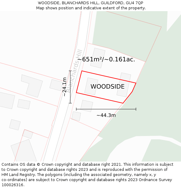 WOODSIDE, BLANCHARDS HILL, GUILDFORD, GU4 7QP: Plot and title map