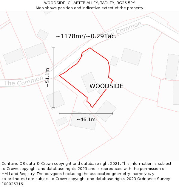 WOODSIDE, CHARTER ALLEY, TADLEY, RG26 5PY: Plot and title map