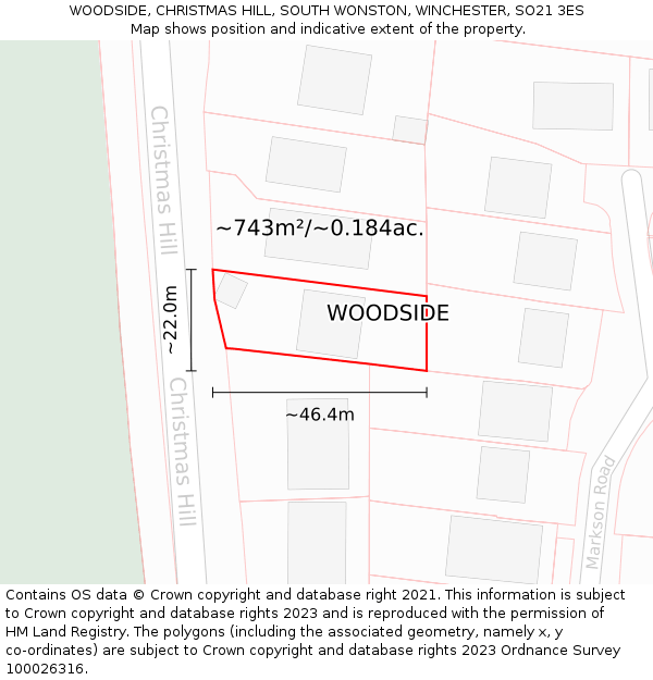 WOODSIDE, CHRISTMAS HILL, SOUTH WONSTON, WINCHESTER, SO21 3ES: Plot and title map
