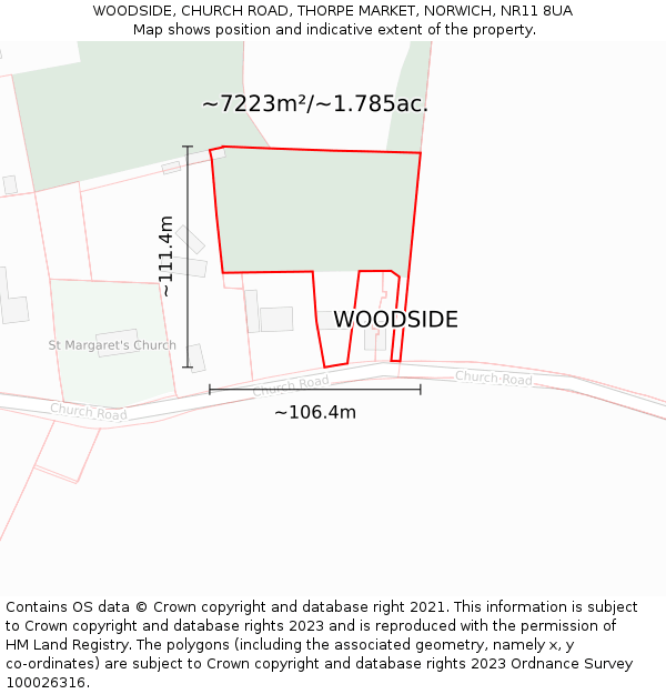 WOODSIDE, CHURCH ROAD, THORPE MARKET, NORWICH, NR11 8UA: Plot and title map