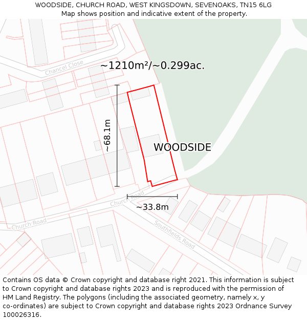 WOODSIDE, CHURCH ROAD, WEST KINGSDOWN, SEVENOAKS, TN15 6LG: Plot and title map