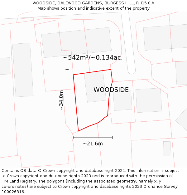 WOODSIDE, DALEWOOD GARDENS, BURGESS HILL, RH15 0JA: Plot and title map