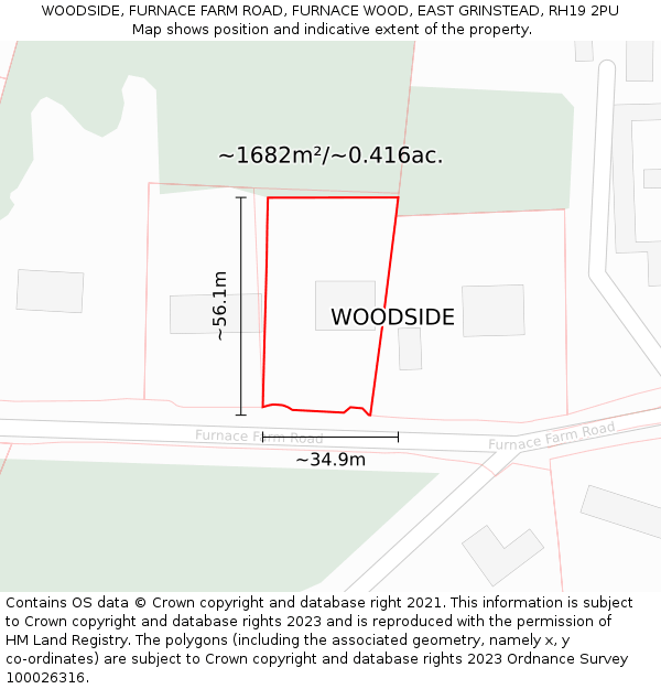 WOODSIDE, FURNACE FARM ROAD, FURNACE WOOD, EAST GRINSTEAD, RH19 2PU: Plot and title map