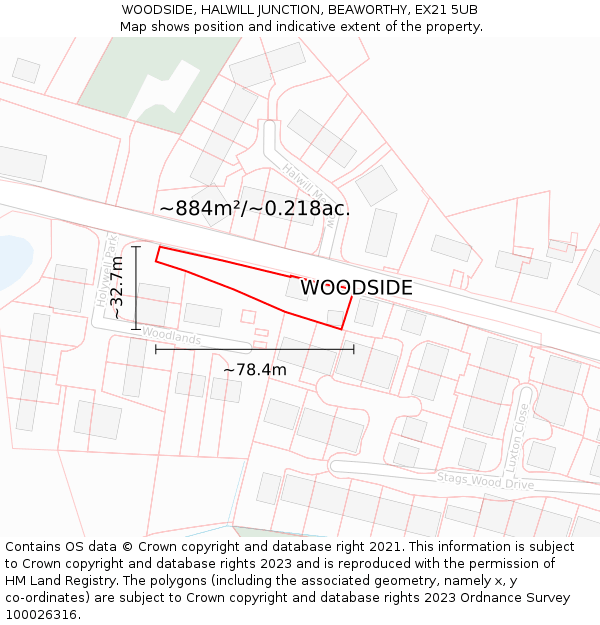 WOODSIDE, HALWILL JUNCTION, BEAWORTHY, EX21 5UB: Plot and title map