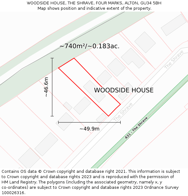 WOODSIDE HOUSE, THE SHRAVE, FOUR MARKS, ALTON, GU34 5BH: Plot and title map