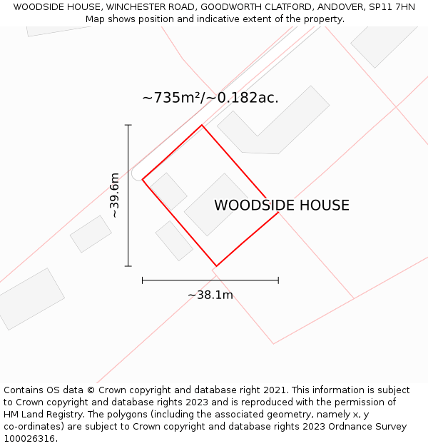 WOODSIDE HOUSE, WINCHESTER ROAD, GOODWORTH CLATFORD, ANDOVER, SP11 7HN: Plot and title map