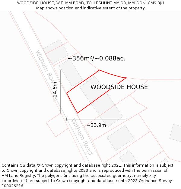 WOODSIDE HOUSE, WITHAM ROAD, TOLLESHUNT MAJOR, MALDON, CM9 8JU: Plot and title map