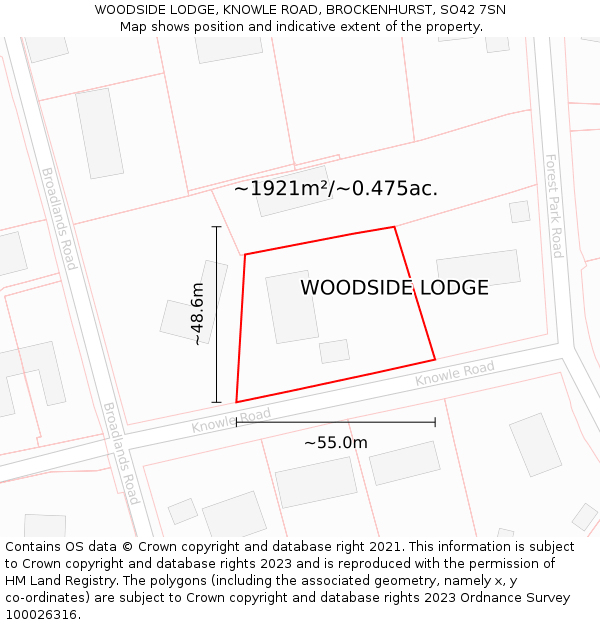 WOODSIDE LODGE, KNOWLE ROAD, BROCKENHURST, SO42 7SN: Plot and title map