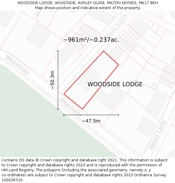 WOODSIDE LODGE, WOODSIDE, ASPLEY GUISE, MILTON KEYNES, MK17 8EH: Plot and title map