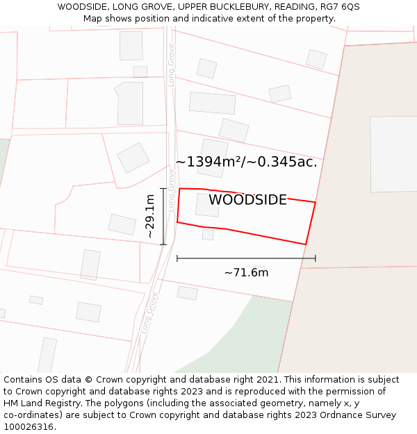 WOODSIDE, LONG GROVE, UPPER BUCKLEBURY, READING, RG7 6QS: Plot and title map