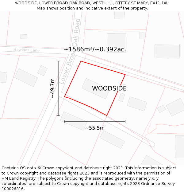 WOODSIDE, LOWER BROAD OAK ROAD, WEST HILL, OTTERY ST MARY, EX11 1XH: Plot and title map