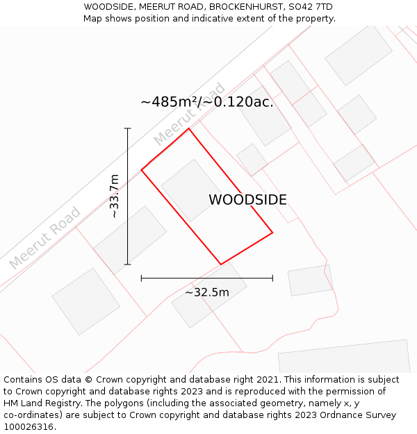 WOODSIDE, MEERUT ROAD, BROCKENHURST, SO42 7TD: Plot and title map