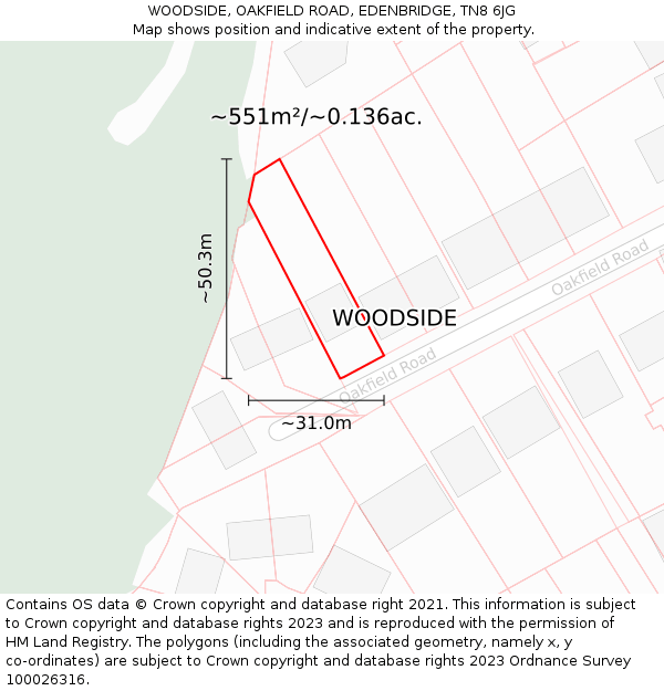 WOODSIDE, OAKFIELD ROAD, EDENBRIDGE, TN8 6JG: Plot and title map