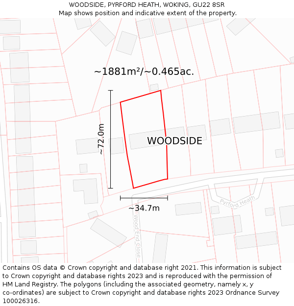 WOODSIDE, PYRFORD HEATH, WOKING, GU22 8SR: Plot and title map