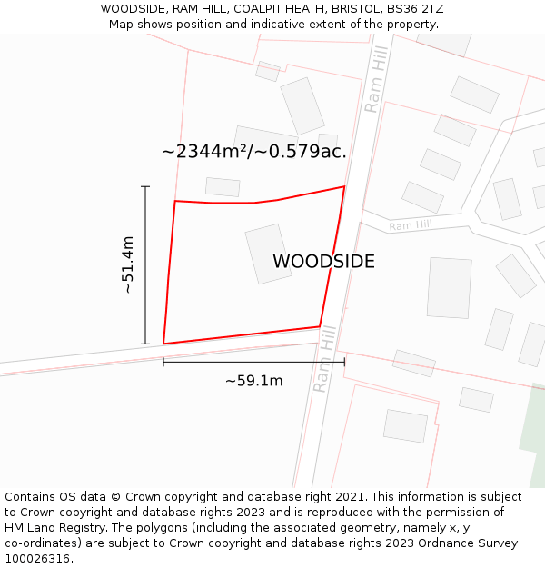 WOODSIDE, RAM HILL, COALPIT HEATH, BRISTOL, BS36 2TZ: Plot and title map