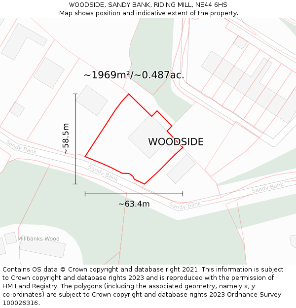 WOODSIDE, SANDY BANK, RIDING MILL, NE44 6HS: Plot and title map