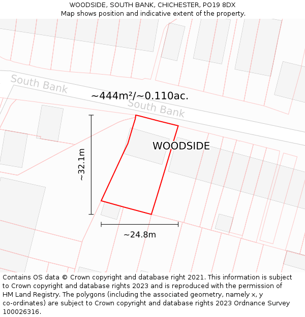 WOODSIDE, SOUTH BANK, CHICHESTER, PO19 8DX: Plot and title map