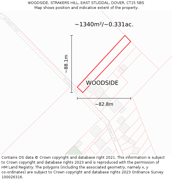 WOODSIDE, STRAKERS HILL, EAST STUDDAL, DOVER, CT15 5BS: Plot and title map