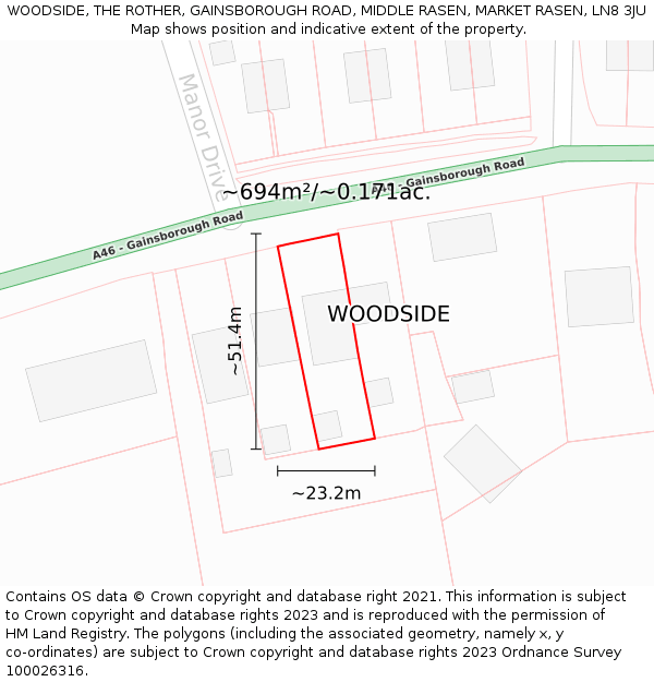 WOODSIDE, THE ROTHER, GAINSBOROUGH ROAD, MIDDLE RASEN, MARKET RASEN, LN8 3JU: Plot and title map