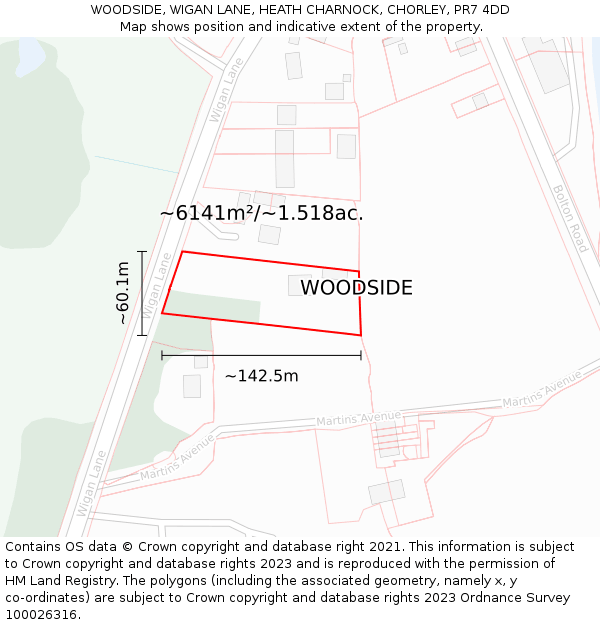 WOODSIDE, WIGAN LANE, HEATH CHARNOCK, CHORLEY, PR7 4DD: Plot and title map