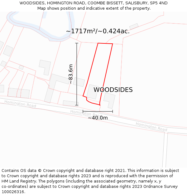 WOODSIDES, HOMINGTON ROAD, COOMBE BISSETT, SALISBURY, SP5 4ND: Plot and title map