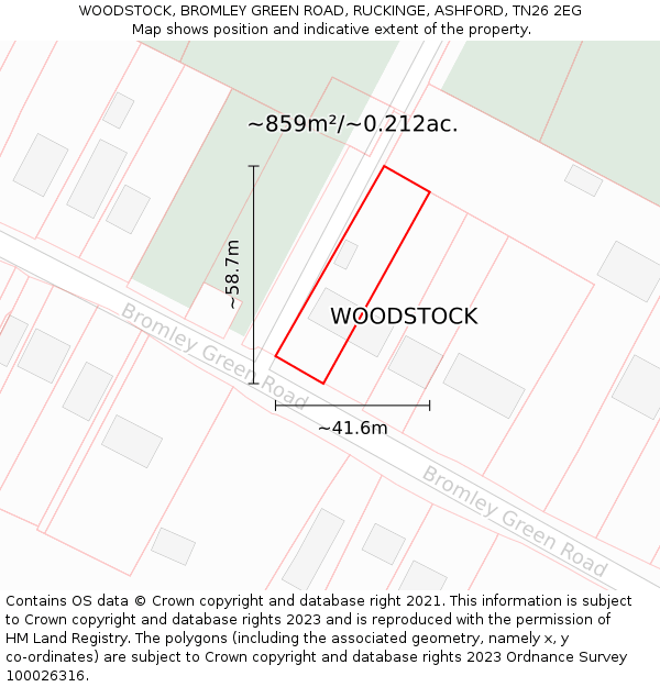WOODSTOCK, BROMLEY GREEN ROAD, RUCKINGE, ASHFORD, TN26 2EG: Plot and title map