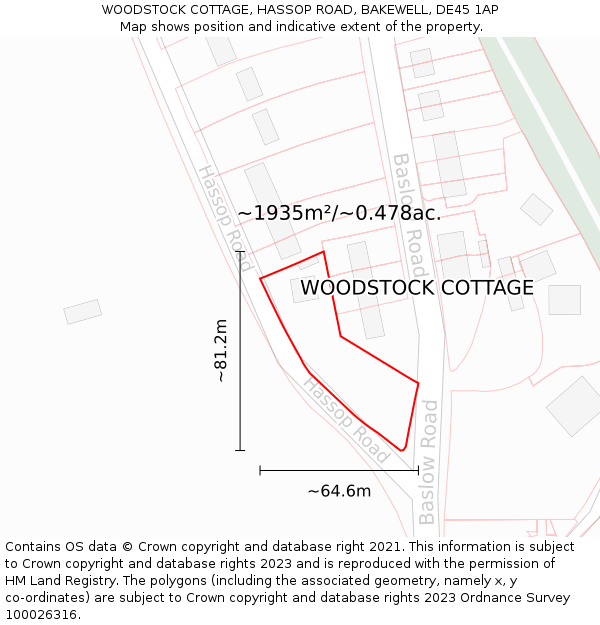 WOODSTOCK COTTAGE, HASSOP ROAD, BAKEWELL, DE45 1AP: Plot and title map