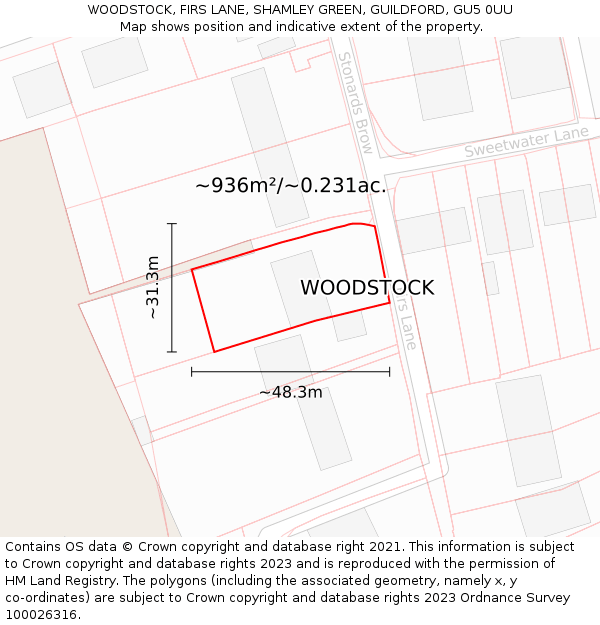 WOODSTOCK, FIRS LANE, SHAMLEY GREEN, GUILDFORD, GU5 0UU: Plot and title map