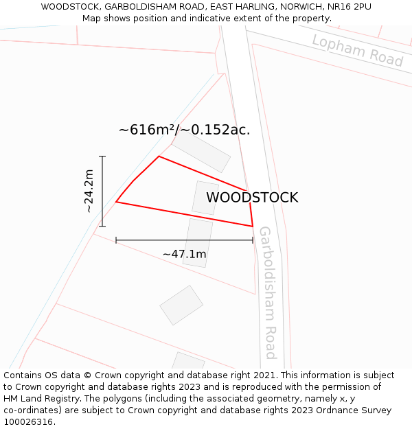 WOODSTOCK, GARBOLDISHAM ROAD, EAST HARLING, NORWICH, NR16 2PU: Plot and title map