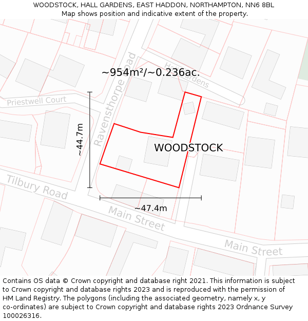 WOODSTOCK, HALL GARDENS, EAST HADDON, NORTHAMPTON, NN6 8BL: Plot and title map
