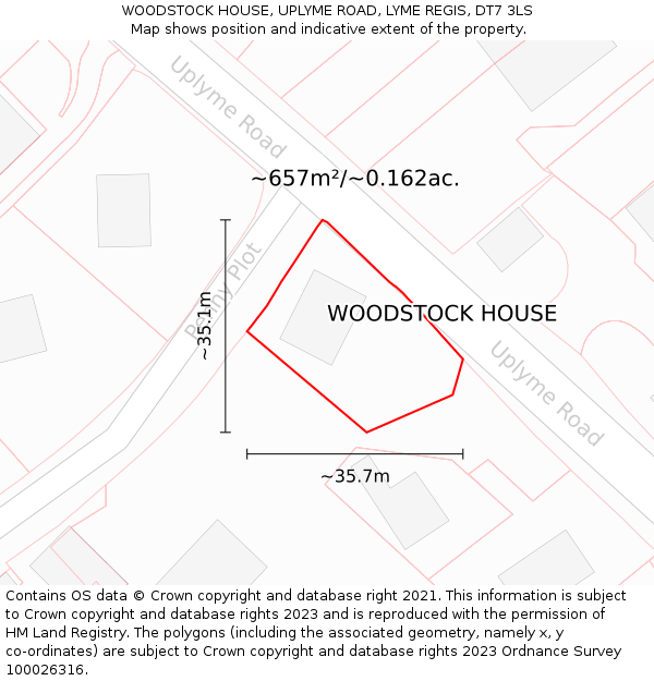 WOODSTOCK HOUSE, UPLYME ROAD, LYME REGIS, DT7 3LS: Plot and title map