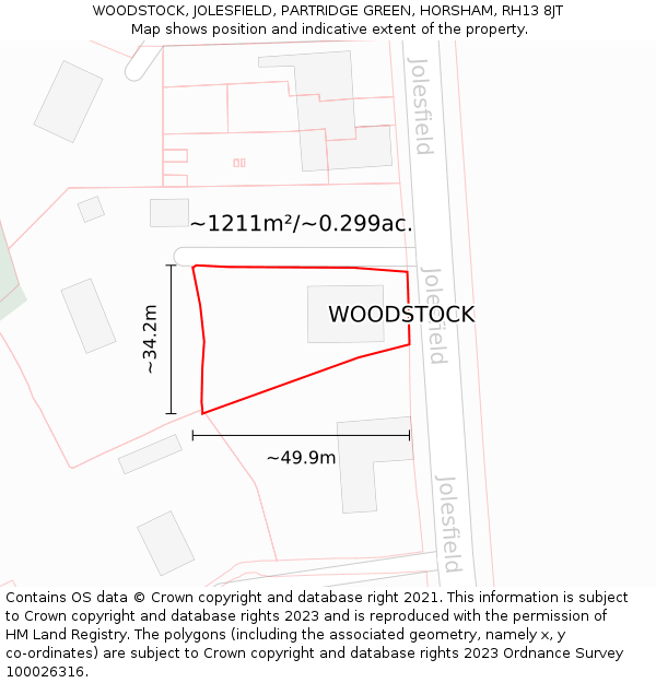 WOODSTOCK, JOLESFIELD, PARTRIDGE GREEN, HORSHAM, RH13 8JT: Plot and title map