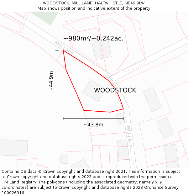 WOODSTOCK, MILL LANE, HALTWHISTLE, NE49 9LW: Plot and title map