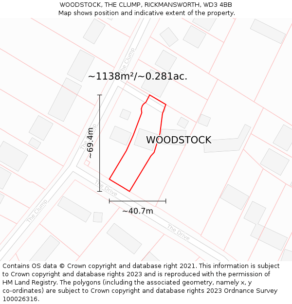 WOODSTOCK, THE CLUMP, RICKMANSWORTH, WD3 4BB: Plot and title map