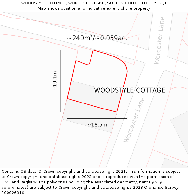 WOODSTYLE COTTAGE, WORCESTER LANE, SUTTON COLDFIELD, B75 5QT: Plot and title map