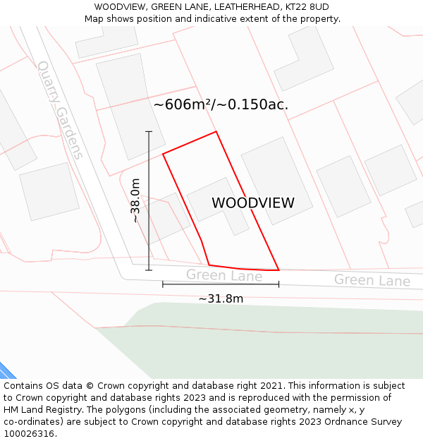 WOODVIEW, GREEN LANE, LEATHERHEAD, KT22 8UD: Plot and title map