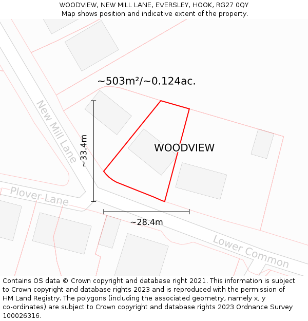 WOODVIEW, NEW MILL LANE, EVERSLEY, HOOK, RG27 0QY: Plot and title map