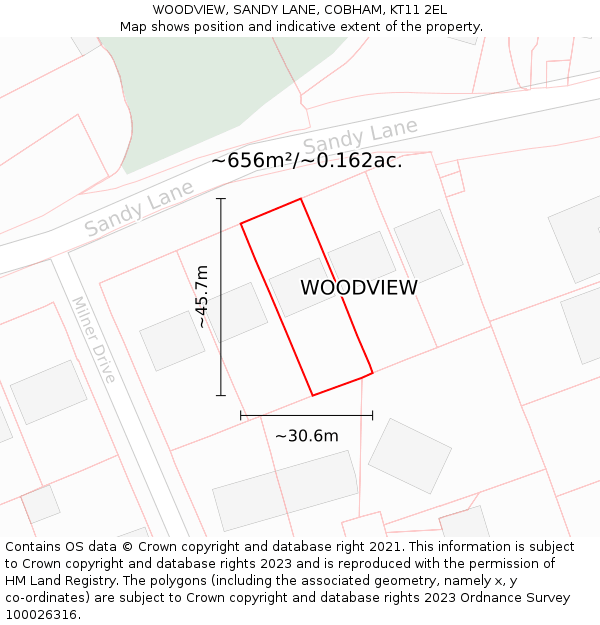 WOODVIEW, SANDY LANE, COBHAM, KT11 2EL: Plot and title map