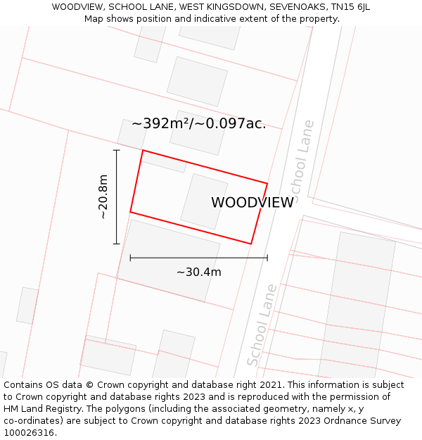 WOODVIEW, SCHOOL LANE, WEST KINGSDOWN, SEVENOAKS, TN15 6JL: Plot and title map