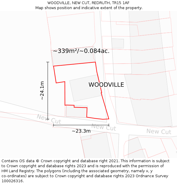 WOODVILLE, NEW CUT, REDRUTH, TR15 1AF: Plot and title map