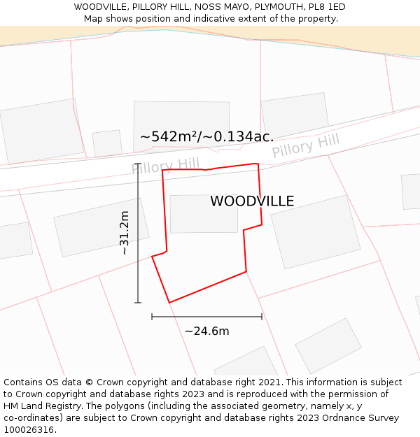 WOODVILLE, PILLORY HILL, NOSS MAYO, PLYMOUTH, PL8 1ED: Plot and title map