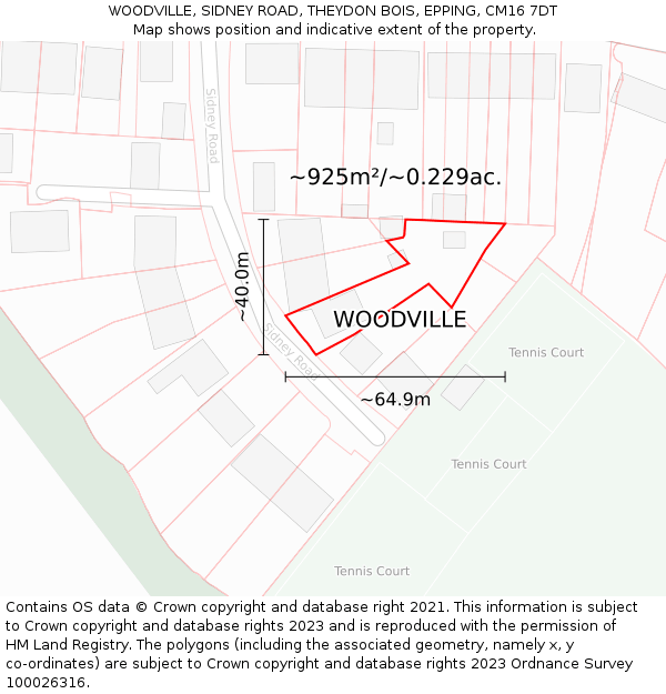 WOODVILLE, SIDNEY ROAD, THEYDON BOIS, EPPING, CM16 7DT: Plot and title map