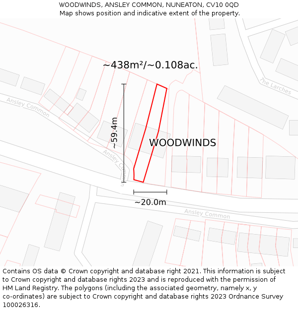 WOODWINDS, ANSLEY COMMON, NUNEATON, CV10 0QD: Plot and title map