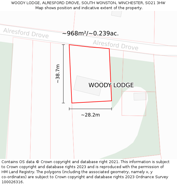 WOODY LODGE, ALRESFORD DROVE, SOUTH WONSTON, WINCHESTER, SO21 3HW: Plot and title map