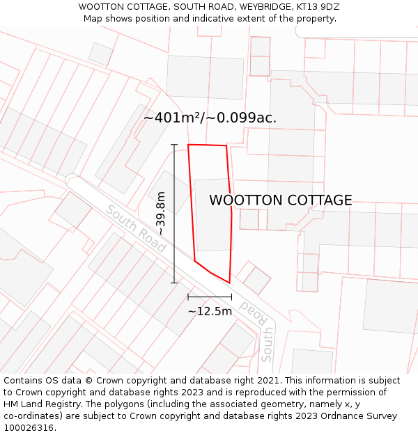 WOOTTON COTTAGE, SOUTH ROAD, WEYBRIDGE, KT13 9DZ: Plot and title map
