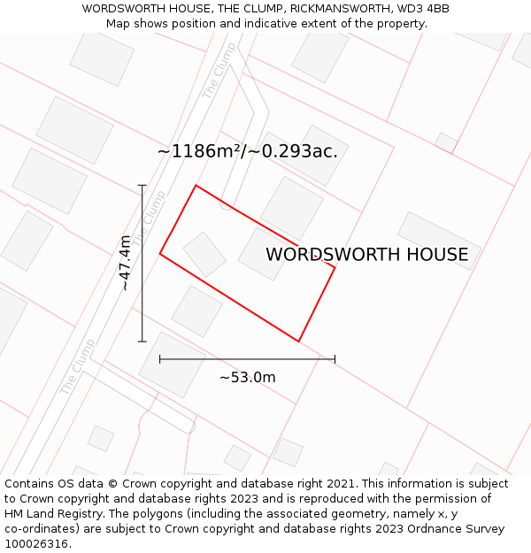 WORDSWORTH HOUSE, THE CLUMP, RICKMANSWORTH, WD3 4BB: Plot and title map