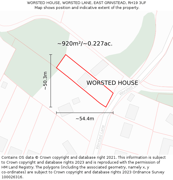 WORSTED HOUSE, WORSTED LANE, EAST GRINSTEAD, RH19 3UF: Plot and title map